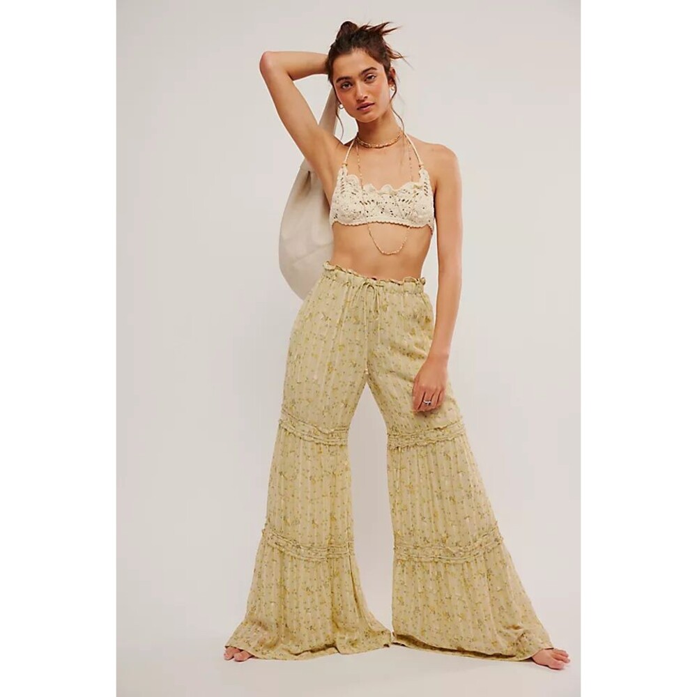 Free People Emmaline Tiered Pull-On Pants Green Medium M No Drawstring NEW